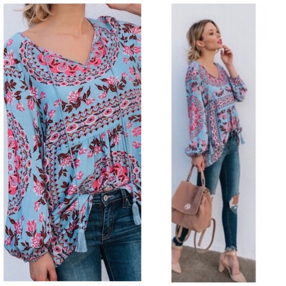 Fun Boho Peasant Blouse in Blue - Picture 2 of 6